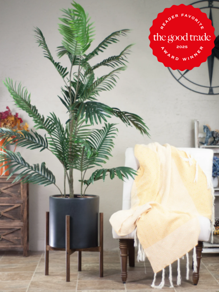 Tall potted plant next to a white chair draped with a beige blanket; a red award badge is in the top right corner.