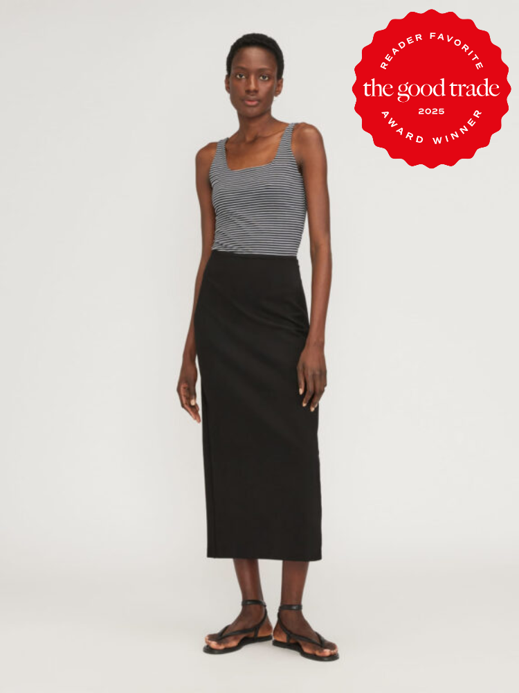 Person wearing a striped sleeveless top, black long skirt, and sandals. "The Good Trade 2025 Reader Favorite Award Winner" badge is in the top right corner.