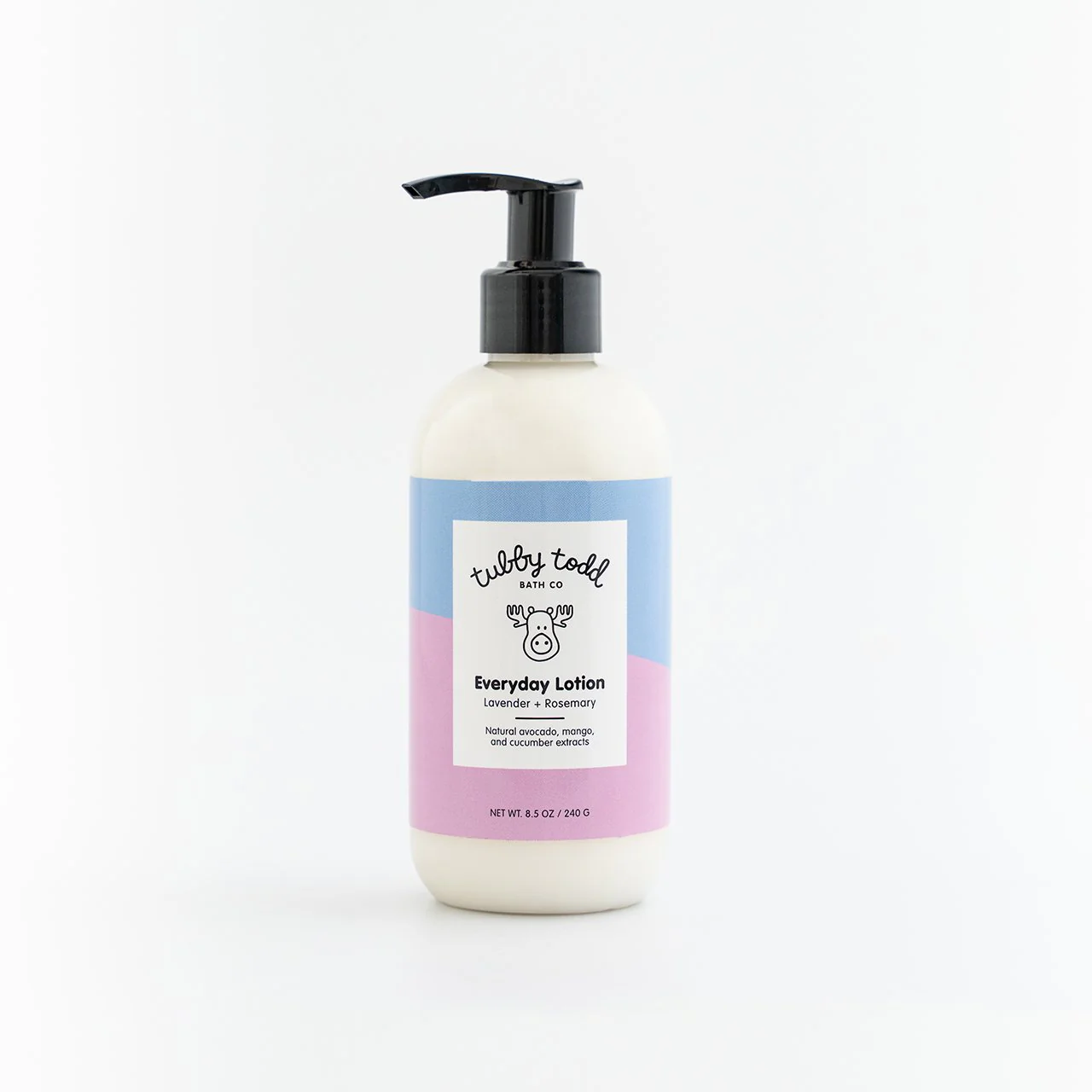 A bottle of Tubby Todd Everyday Lotion with a pump dispenser. The label is blue and pink, featuring lavender and rosemary scent.