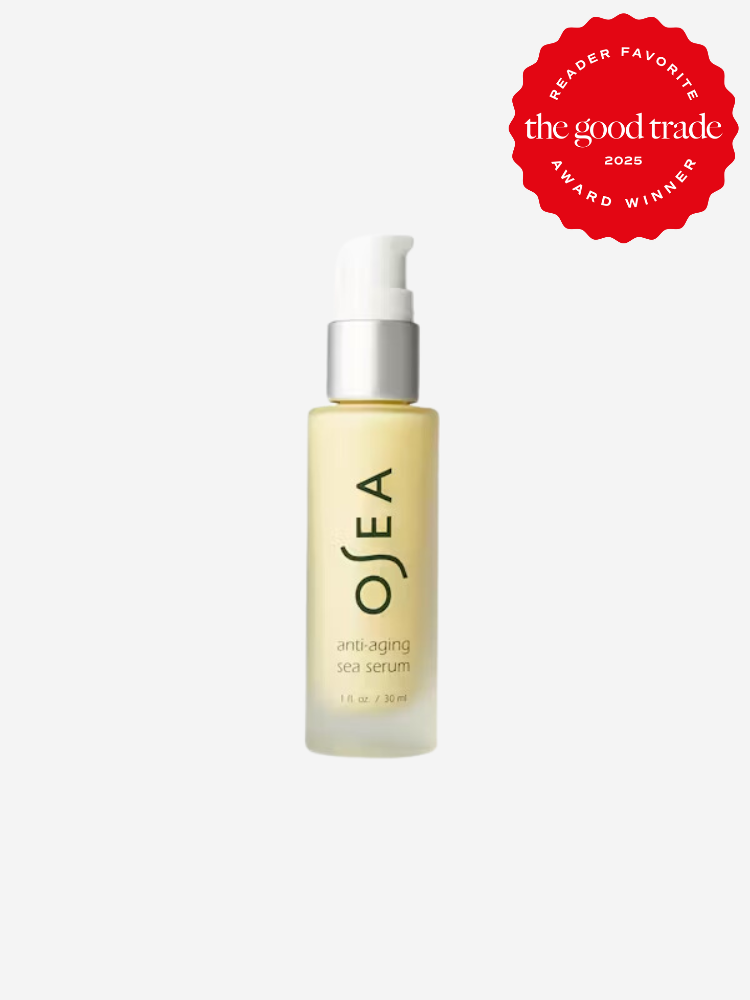A bottle of OSEA anti-aging sea serum with a pump dispenser, labeled as a 2025 Reader Favorite award winner by The Good Trade.