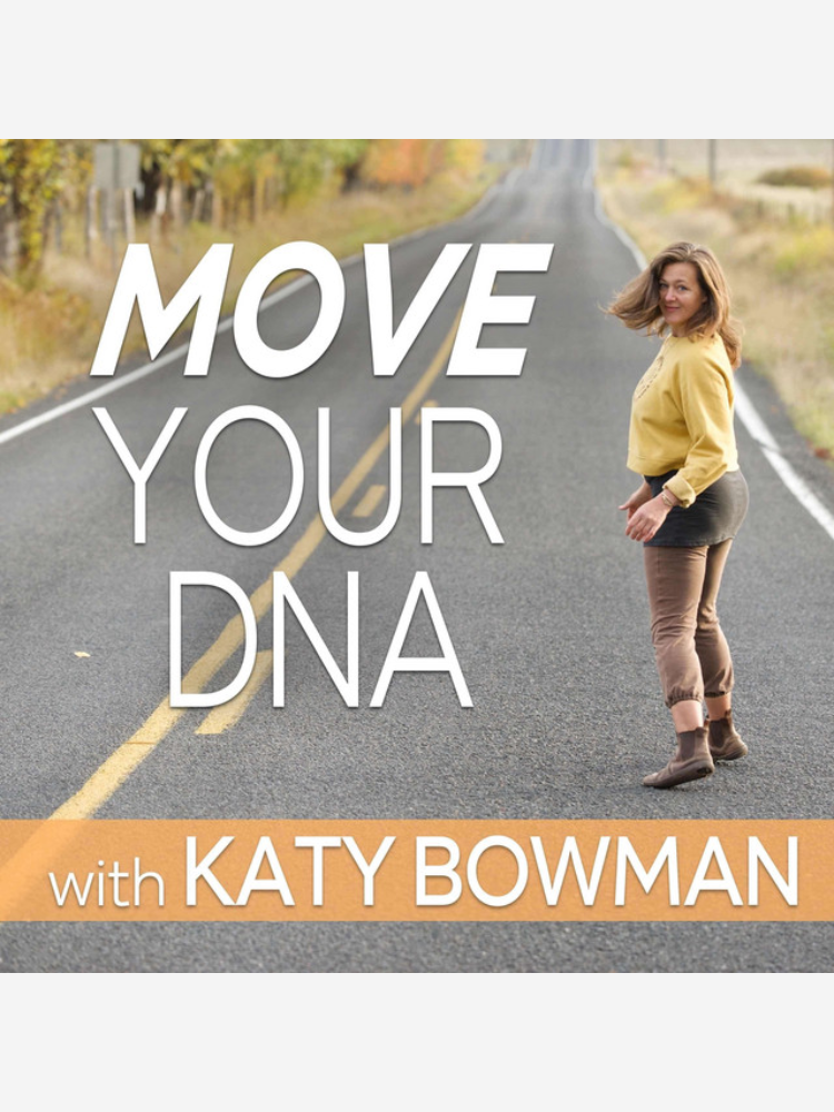 Person in a yellow shirt and brown pants stands on a road. Text reads "Move Your DNA with Katy Bowman.