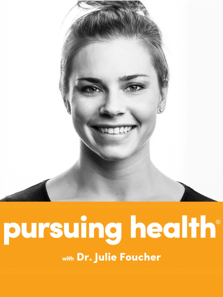 Black and white photo of a smiling person with text overlay: "pursuing health with Dr. Julie Foucher" on an orange background.