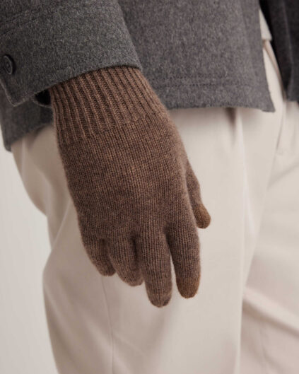 Close-up of a person wearing a gray coat, beige pants, and a brown wool glove.