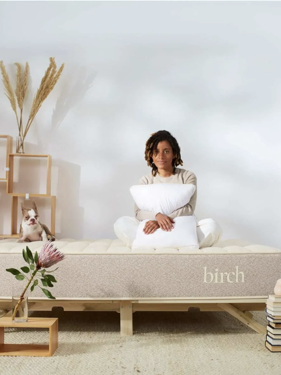 Person sitting on a bed holding a pillow, with a dog beside them. Several wooden shelves and a stack of books are in the background.