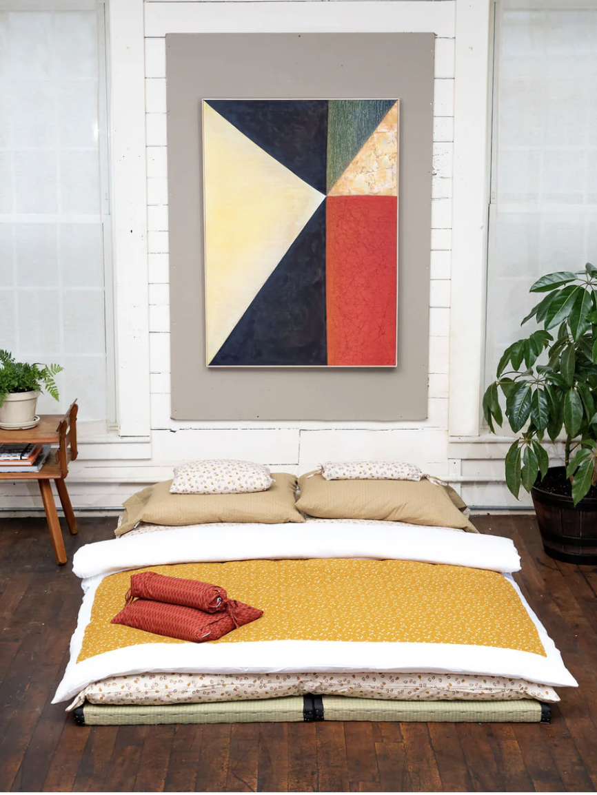 A minimalist room with a low bedding arrangement, two pillows, a folded red blanket, a geometric painting above, and two potted plants on wooden flooring.