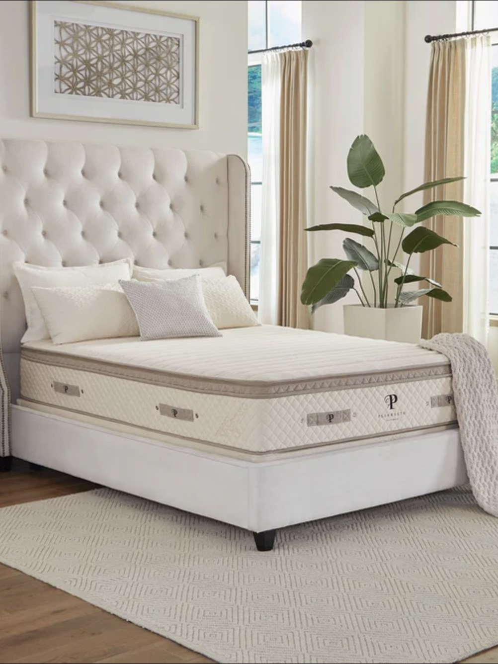 Elegant bedroom with a tufted headboard bed, beige bedding, side table with lamp, and a large potted plant. Natural light from windows illuminates the room with patterned curtains.