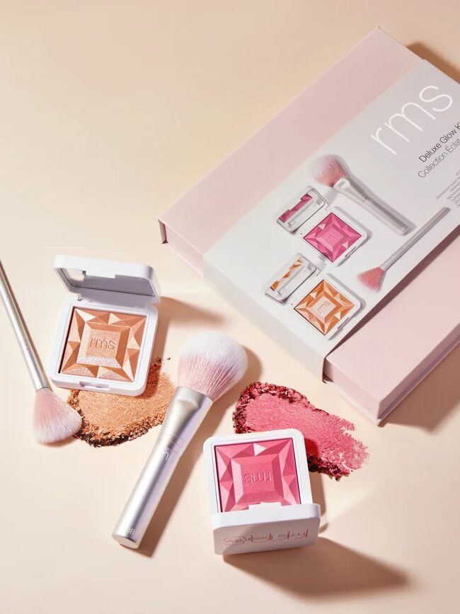 Makeup set includes pink and bronze blush compacts, two brushes, and packaging featuring product images.