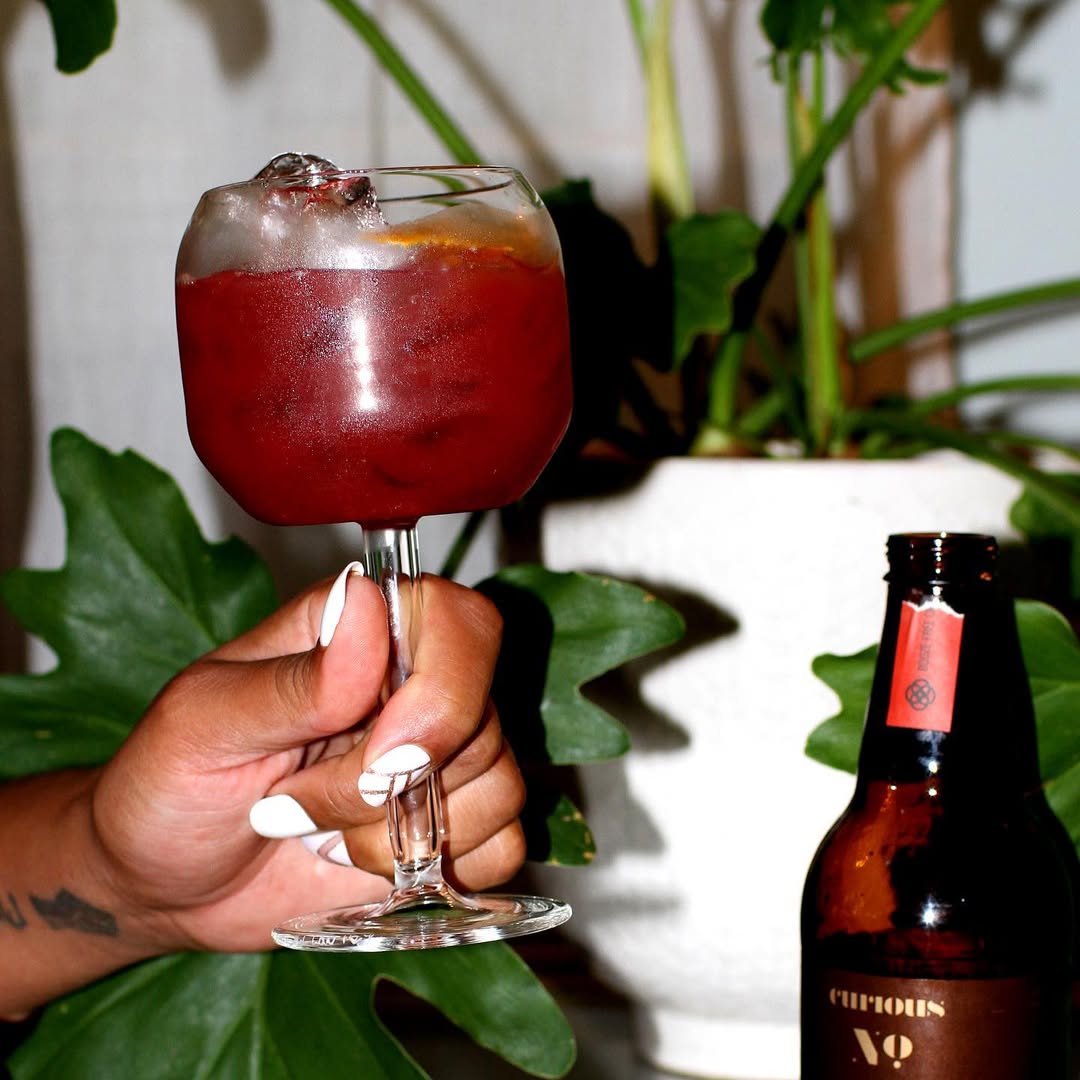 A person holding a wine glass with a red drink and ice, next to a bottle of Curious Nº. In the background, a potted plant with large leaves.