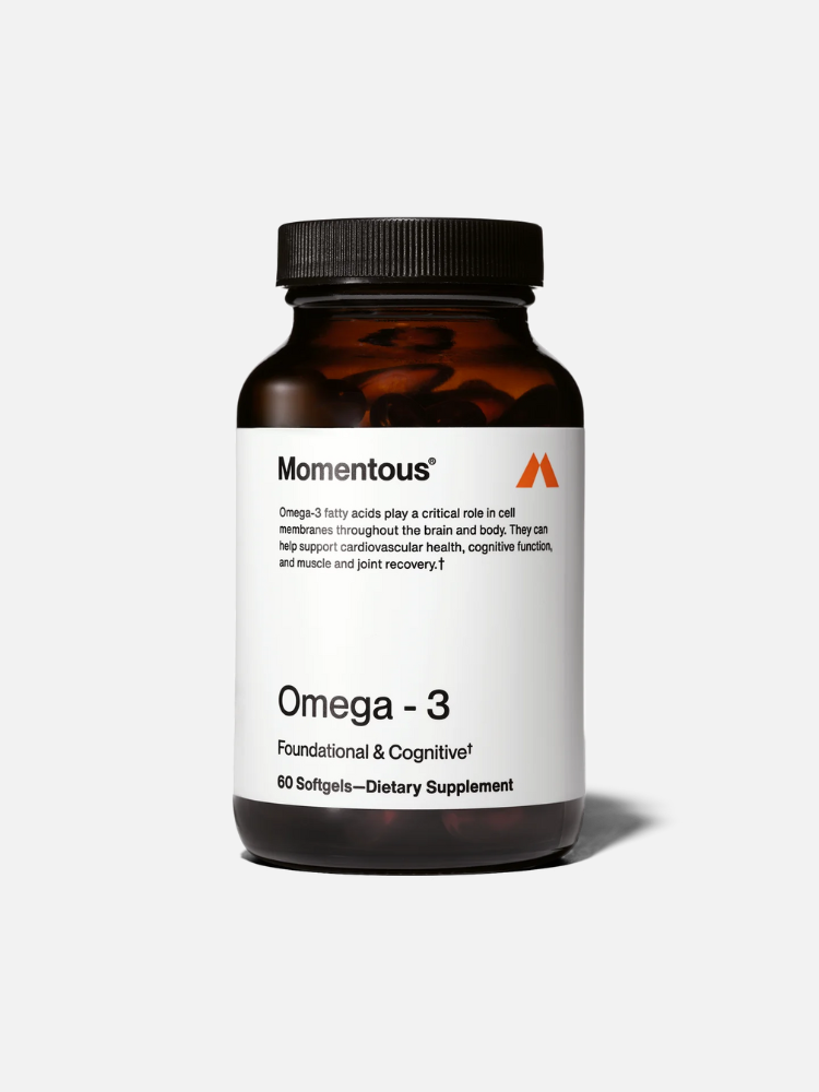 A brown bottle labeled "Momentous Omega-3" containing 60 softgels, marketed for cardiovascular and cognitive support.