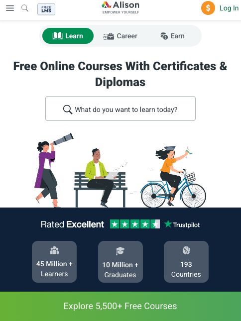 Website homepage showcasing free online courses, featuring illustrations of diverse activities and statistics: 45 million+ learners, 10 million+ graduates, available in 193 countries.