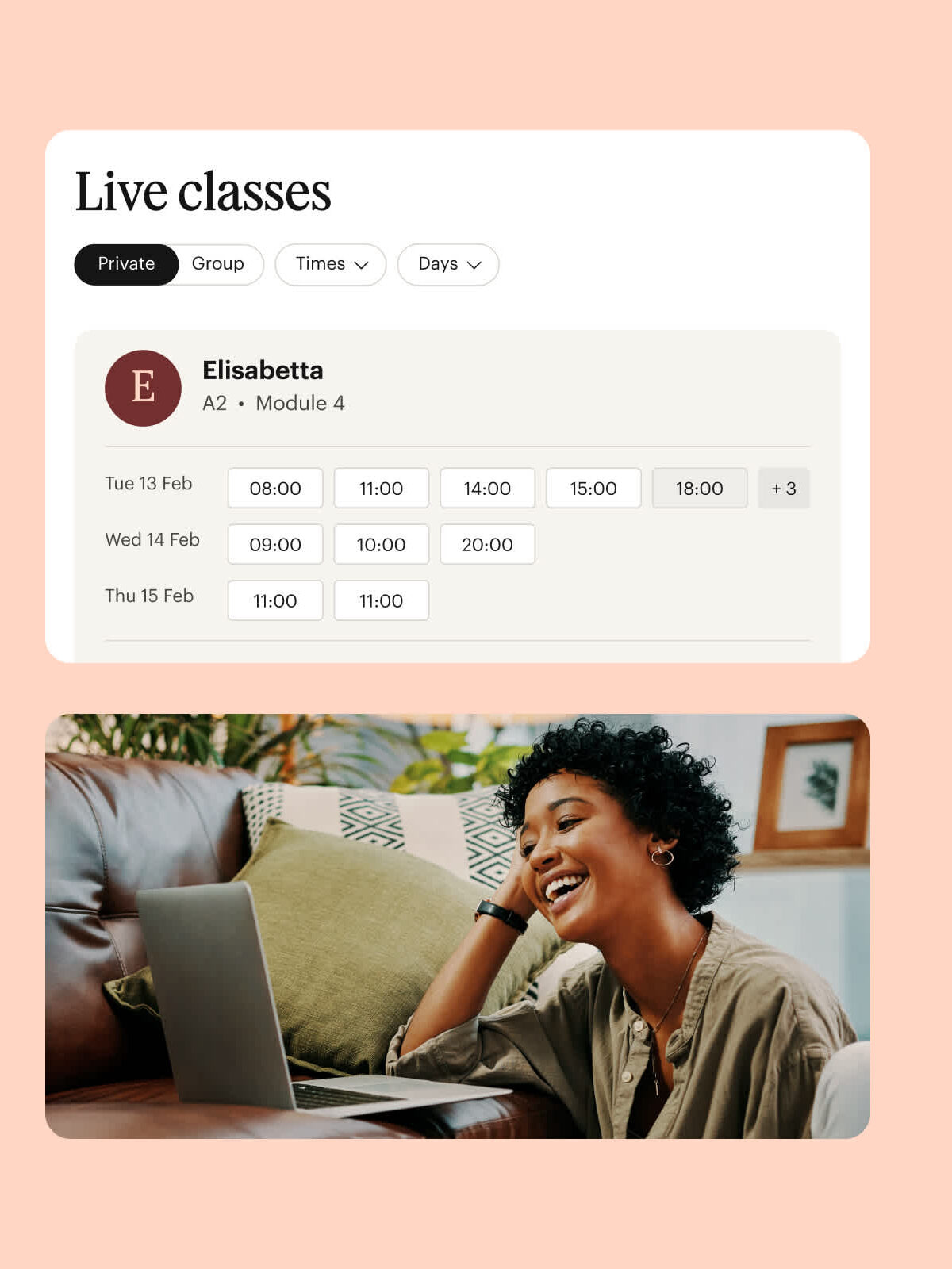 A smartphone screen shows a class schedule and progress. Next to it, a web page shows a live class timetable. A woman smiles while using a laptop.