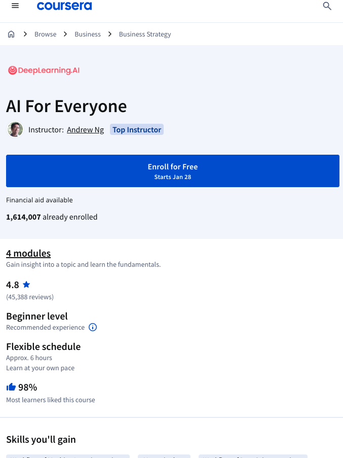 Screenshot of an online course page titled "AI For Everyone" on Coursera. Features include course enrollment details, a 4.8-star rating, and learning outcomes like AI terminology and project workflows.
