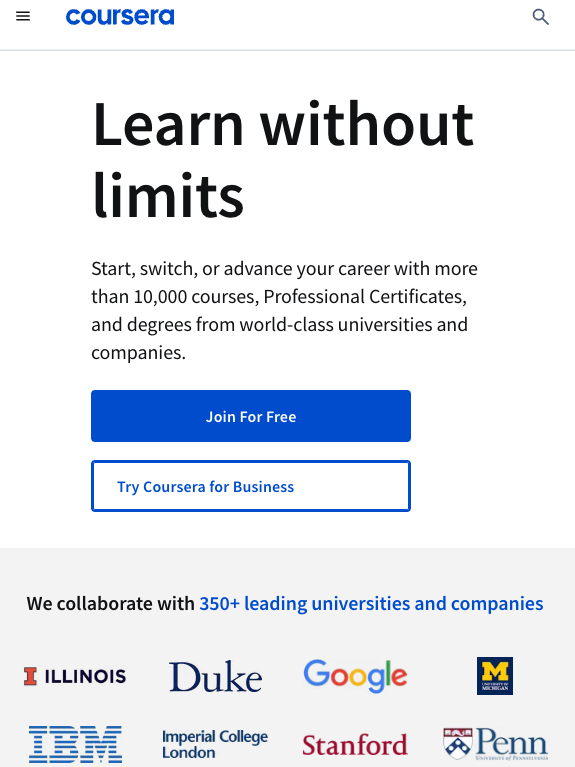 Coursera webpage promoting career advancement with over 10,000 courses and collaborations with universities and companies like IBM, Google, and Stanford.