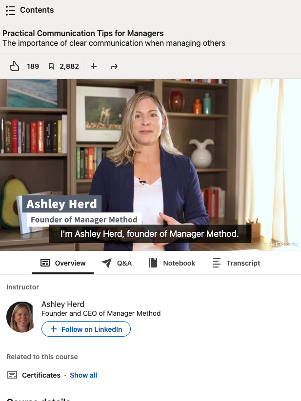 Woman presenting online course on practical communication tips for managers, titled "Ashley Herd: Founder of Manager Method." Course details and ratings shown below.