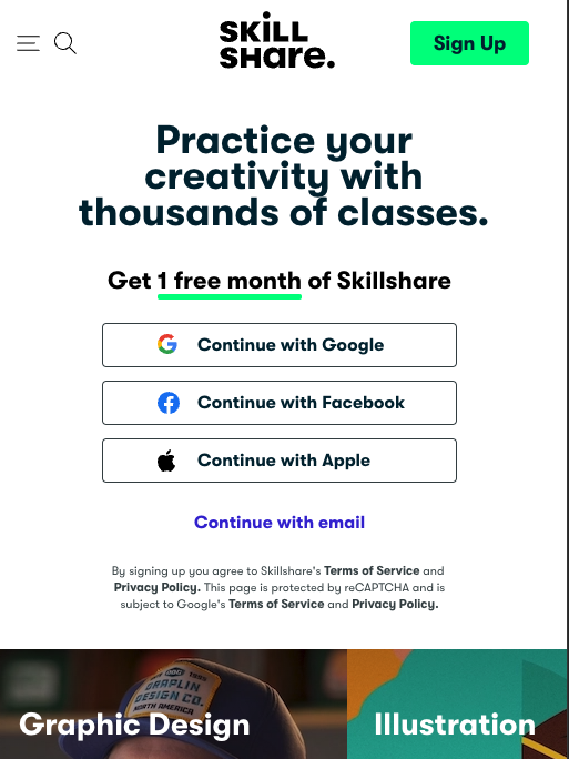 Skillshare sign-up page offering one free month. Options to continue with Google, Facebook, or Apple. Features sections on Graphic Design and Illustration.