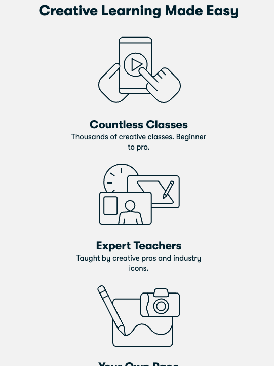 Illustration showing phone, clock, and pencil. Text: "Creative Learning Made Easy. Countless Classes. Expert Teachers. Your Own Pace.