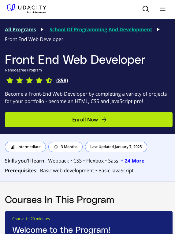 Screenshot of a Udacity webpage about the Front End Web Developer Nanodegree program. Includes details on skills, duration, start date, prerequisites, and a course testimonial video section.
