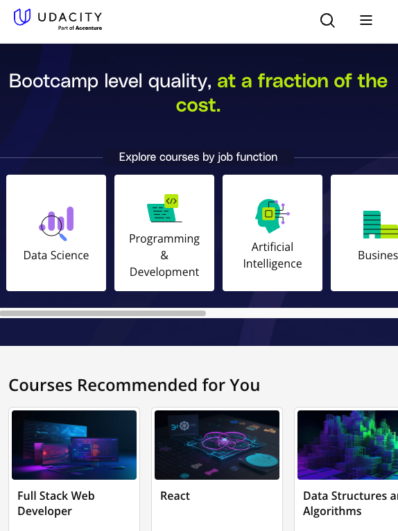 Udacity webpage showcasing courses in Data Science, Programming, Artificial Intelligence, and Business. Recommended courses include Full Stack Web Developer, React, and Data Structures & Algorithms.