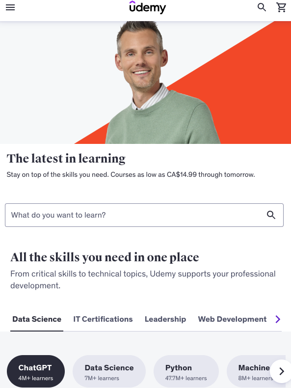 Udemy webpage featuring a man in a green sweater and text promoting courses. Search bar and course categories like ChatGPT, Data Science, Python, and Machine Learning are visible.