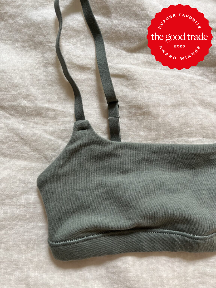 A close up of a green cotton bralette.