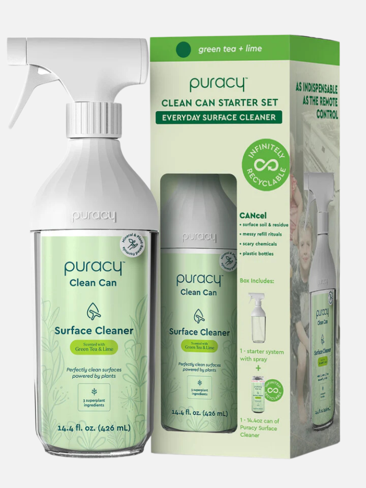 Puracy Clean Can Starter Set with surface cleaner in a spray bottle and green tea & lime scent packaging. Includes one starter system and one cleaner can. Suitable for various surfaces.