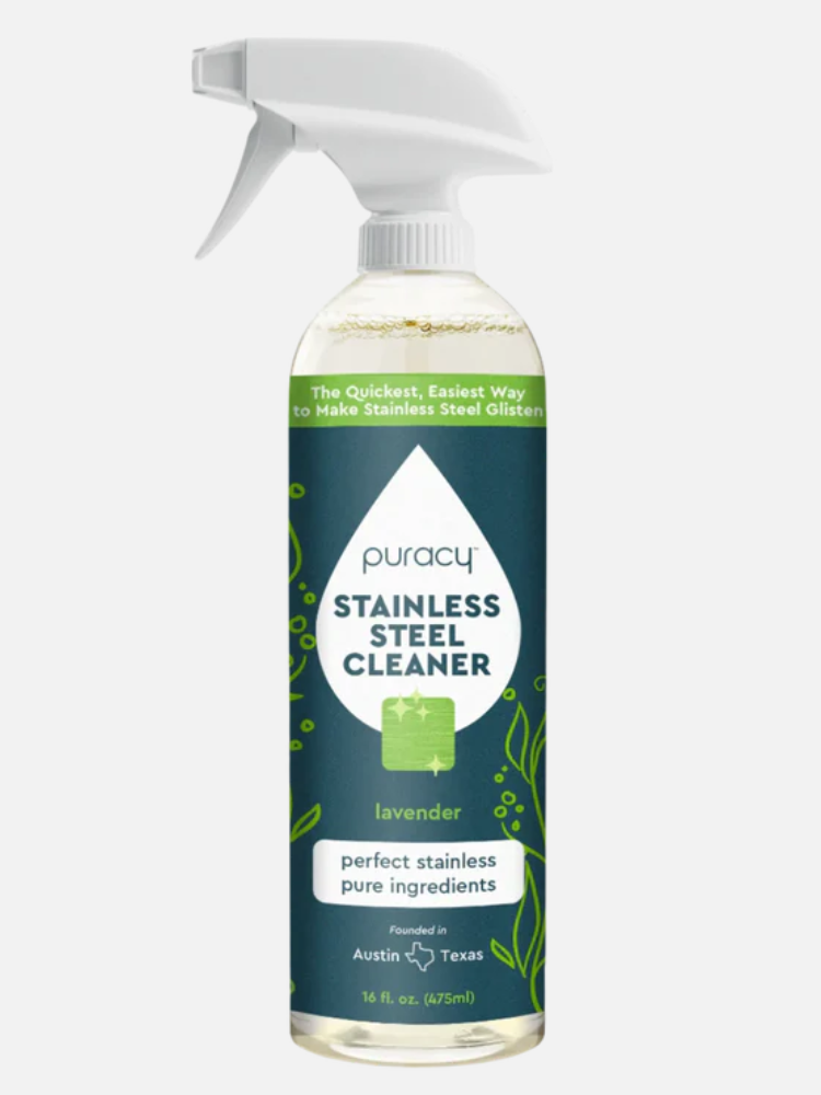 Clear bottle of Puracy Stainless Steel Cleaner with a spray nozzle. Label includes "lavender" and "perfect stainless pure ingredients." Contains 16 fl. oz. (475 ml).