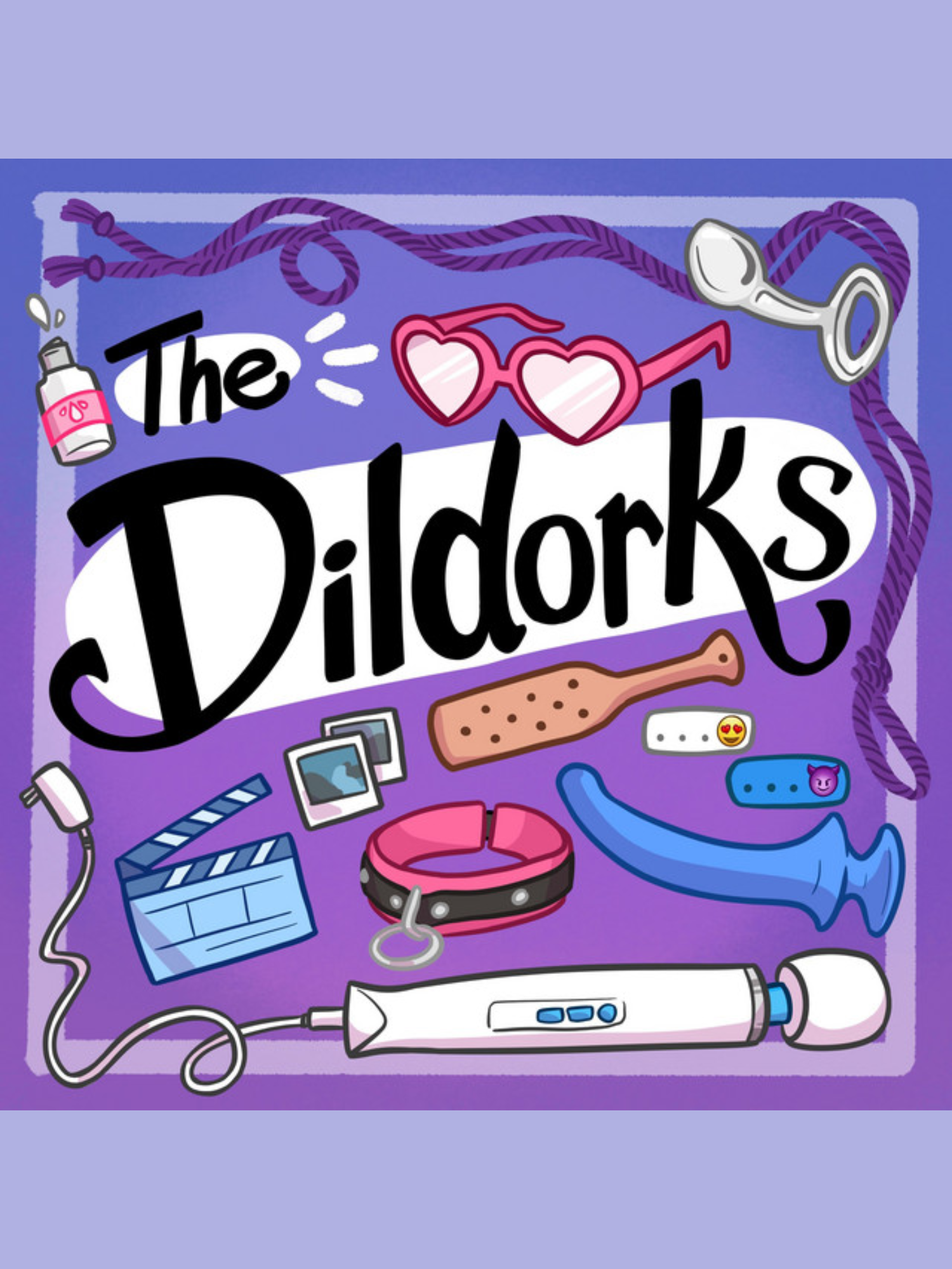 Illustration with the text "The Dildorks," surrounded by items like glasses, paddle, film clapper, collar, blue dildo, and wand massager on a purple background.