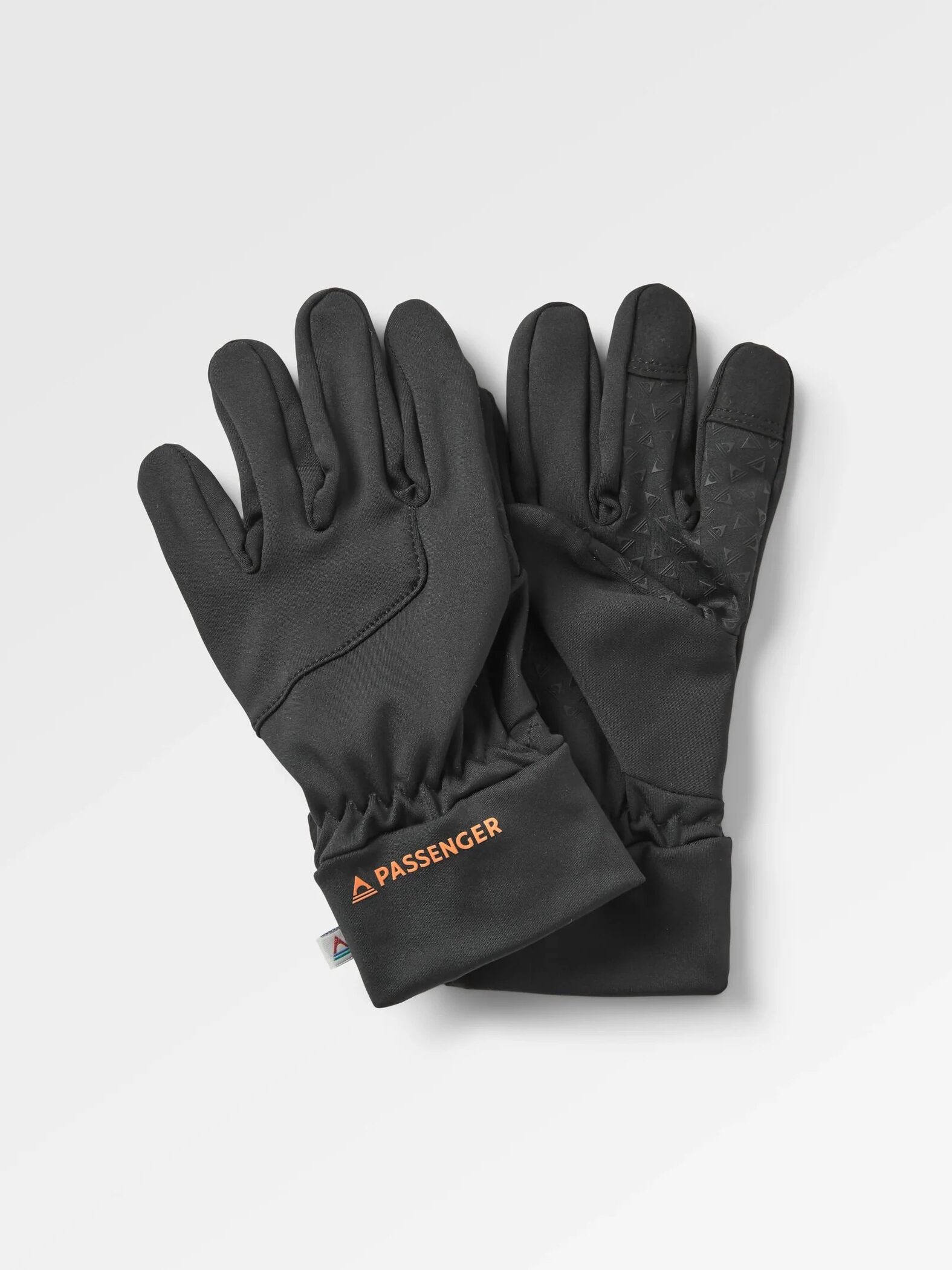 A pair of black gloves with the word "Passenger" and an orange triangle logo on the wrist area. The palms have a textured pattern for grip.
