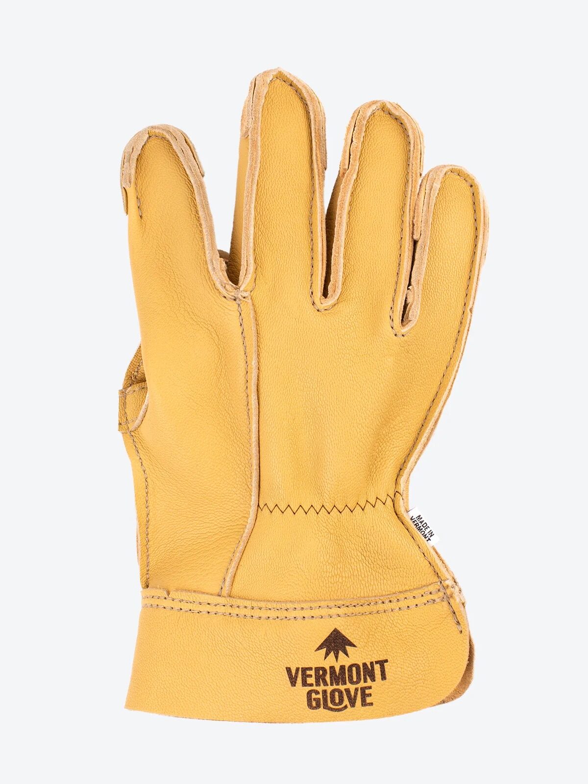 A yellow leather glove with "VERMONT GLOVE" text on the cuff, showing its back side.
