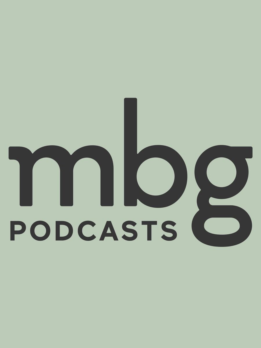 Mbg podcasts logo on a light green background.
