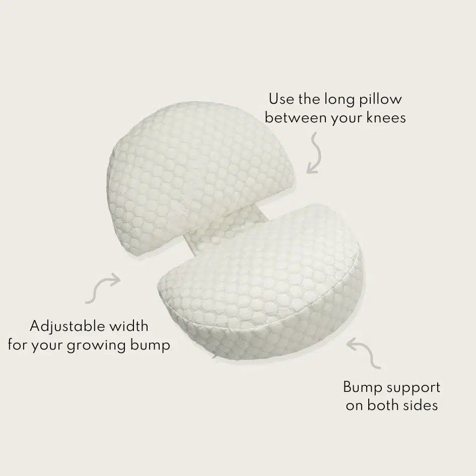 White cushion with a honeycomb pattern, featuring adjustable width for a growing bump, a long pillow for knee support, and bump support on both sides.