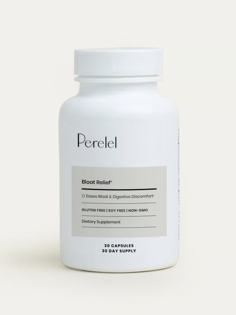 A white bottle labeled "Perelel Bloat Relief" containing 30 capsules. The label mentions it's gluten-free, soy-free, non-GMO, and a dietary supplement for easing bloat and digestive discomfort.