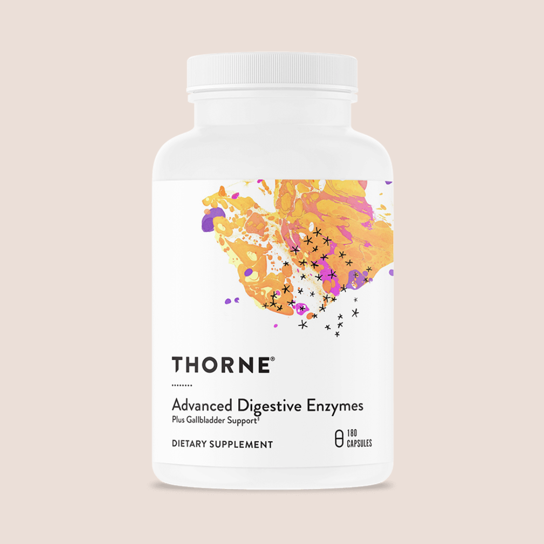 A white bottle of Thorne's Advanced Digestive Enzymes, containing 180 capsules. The label features colorful abstract artwork.
