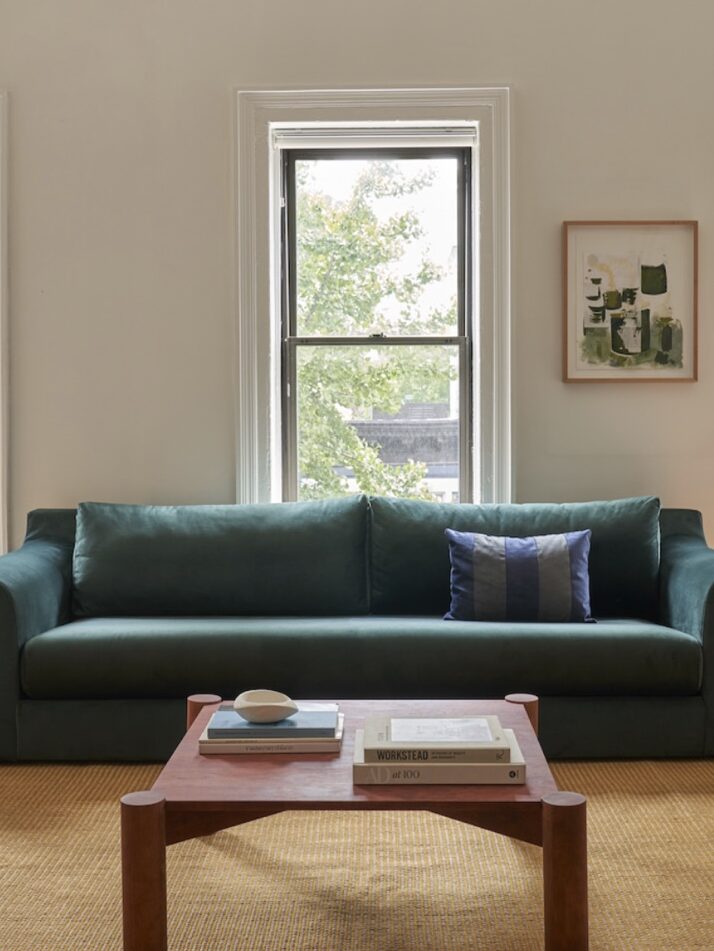 A green sofa with a blue and white pillow, a wooden coffee table with books and a bowl, in front of a window with a view of trees. A framed artwork hangs on the wall.