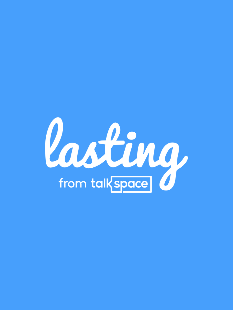 The image features the word "lasting" in script font, with "from talkspace" below it in smaller text, all on a solid blue background.
