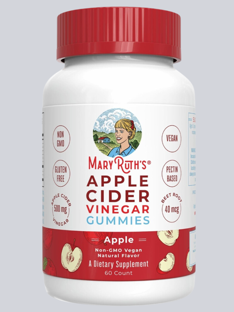 A bottle of Mary Ruth's Apple Cider Vinegar Gummies. The label cites 500 mg of apple cider vinegar and 40 mcg of beet root, non-GMO, vegan, gluten-free, and pectin-based, 60 count.
