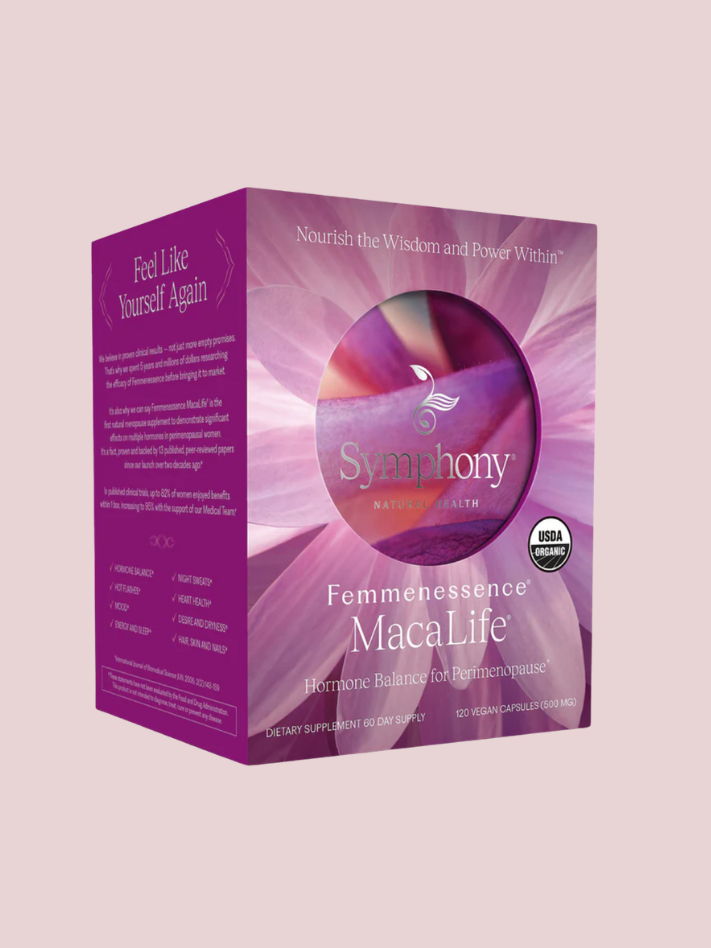 Purple and pink box of Symphony Natural Health's Femmenessence MacaLife, a dietary supplement for hormone balance, with USDA Organic label on soft pink background.