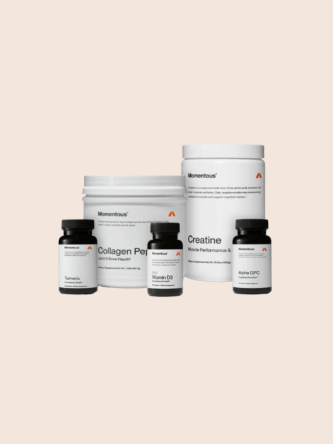 Five white and black supplement containers are arranged on a light background. Labels read "Collagen Peptides," "Essential Multi," "Creatine," "Turmeric," and "Active CBD.