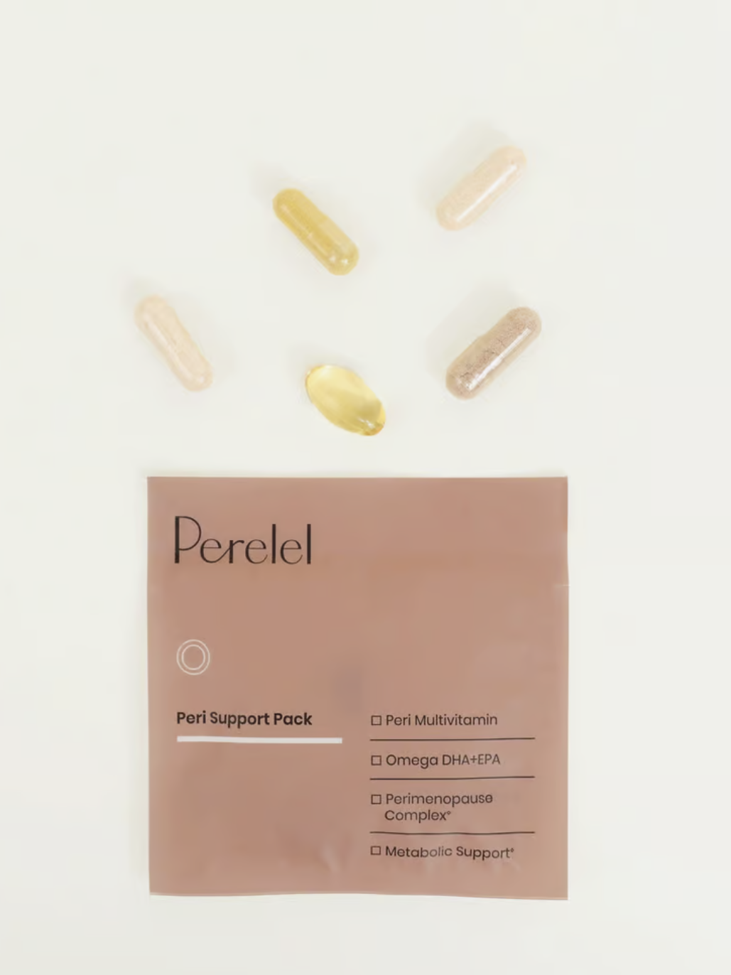 Perel Peri Support Pack with four supplements displayed above the packaging on a white background.