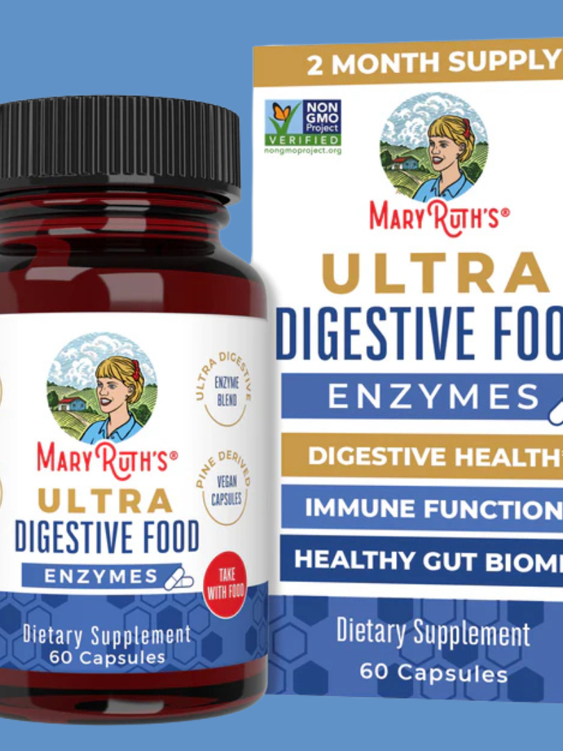 Bottle and box of MaryRuth's Ultra Digestive Food Enzymes dietary supplement, labeled for digestive health and immune function, with vegan and non-GMO certifications.