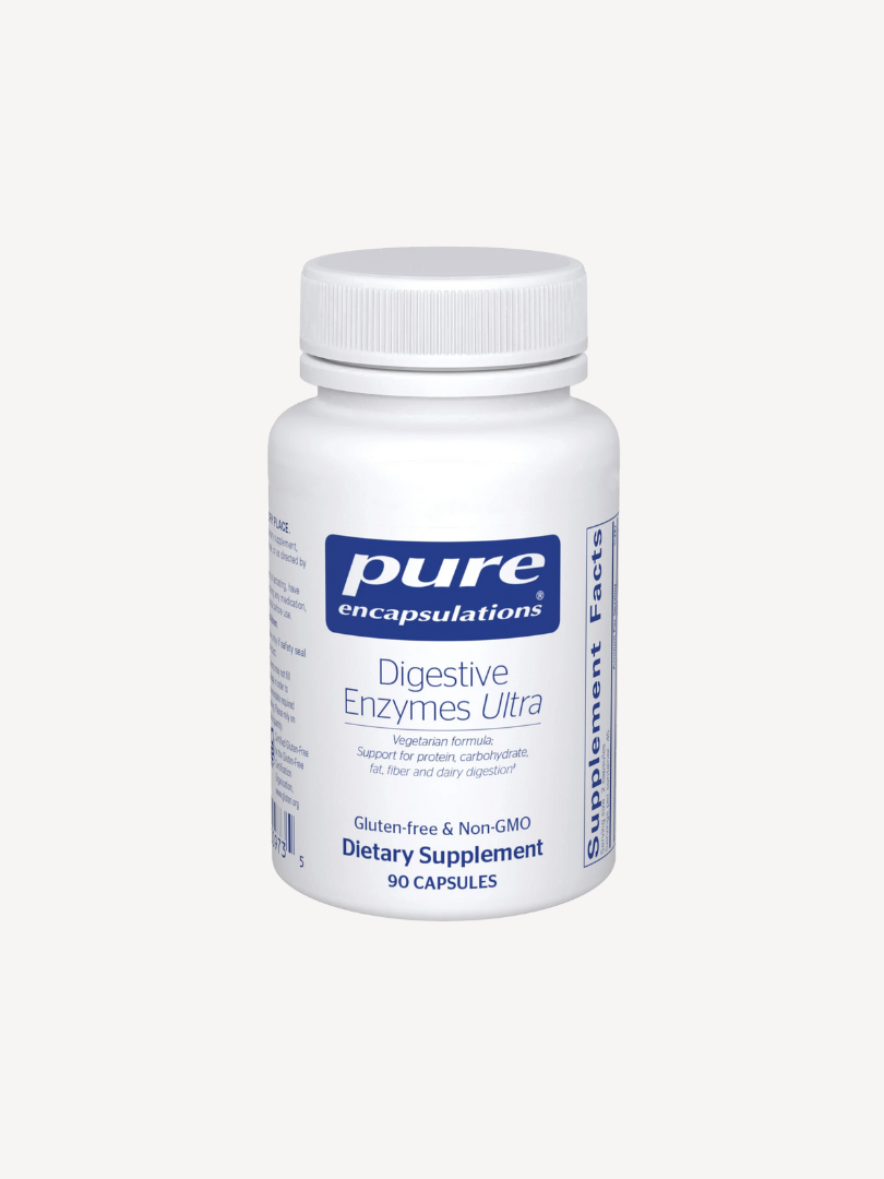 A white bottle labeled "Pure Encapsulations Digestive Enzymes Ultra" with blue text, containing 90 capsules.