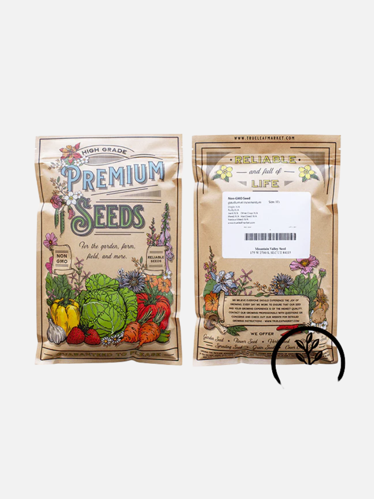 Two brown seed packets with colorful vegetable illustrations and floral designs, labeled "Premium Seeds." One packet shows the front, and the other displays the back with a white information label.