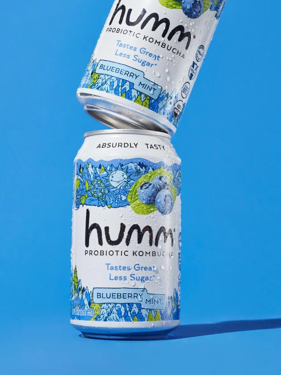 Two cans of Humm Probiotic Kombucha in blueberry mint flavor are stacked against a blue background. The cans are decorated with blueberries and mint leaves.