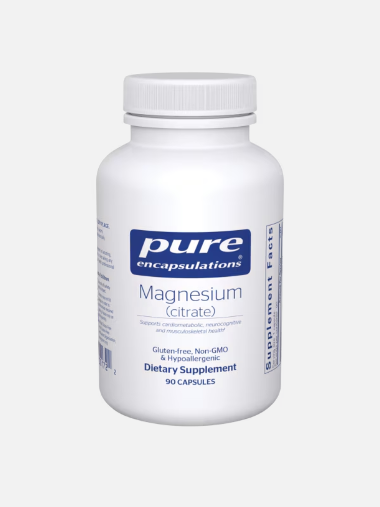 A white bottle of Pure Encapsulations Magnesium (citrate) dietary supplement with 90 capsules, labeled gluten-free, non-GMO, and hypoallergenic.