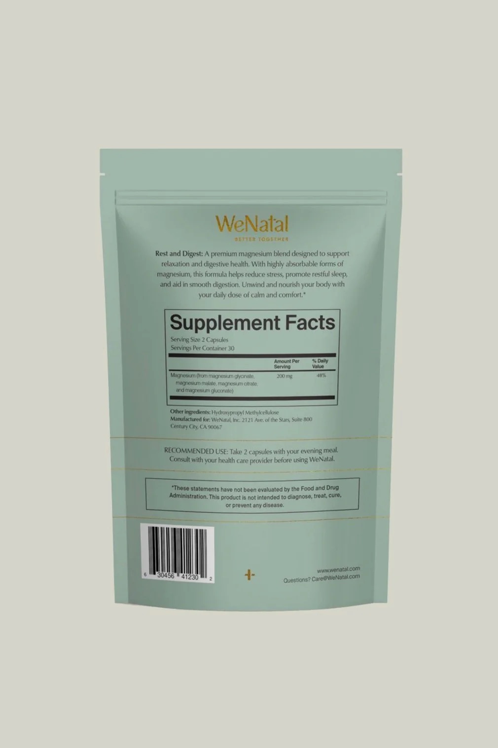 A light green package of WeNatal supplements with visible nutrition facts and usage instructions on the back.