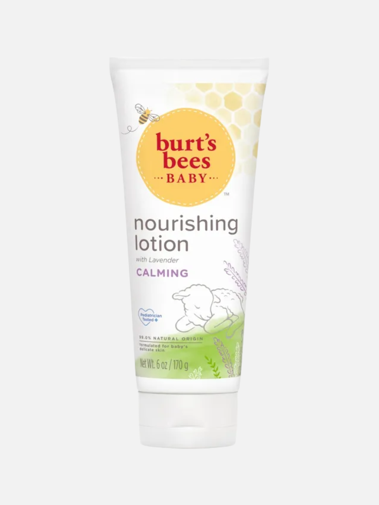 A tube of Burt’s Bees Baby Nourishing Lotion with Lavender, labeled as calming, 98.9% natural origin, 6 oz size, with illustrations of a bee, lamb, and lavender sprigs.