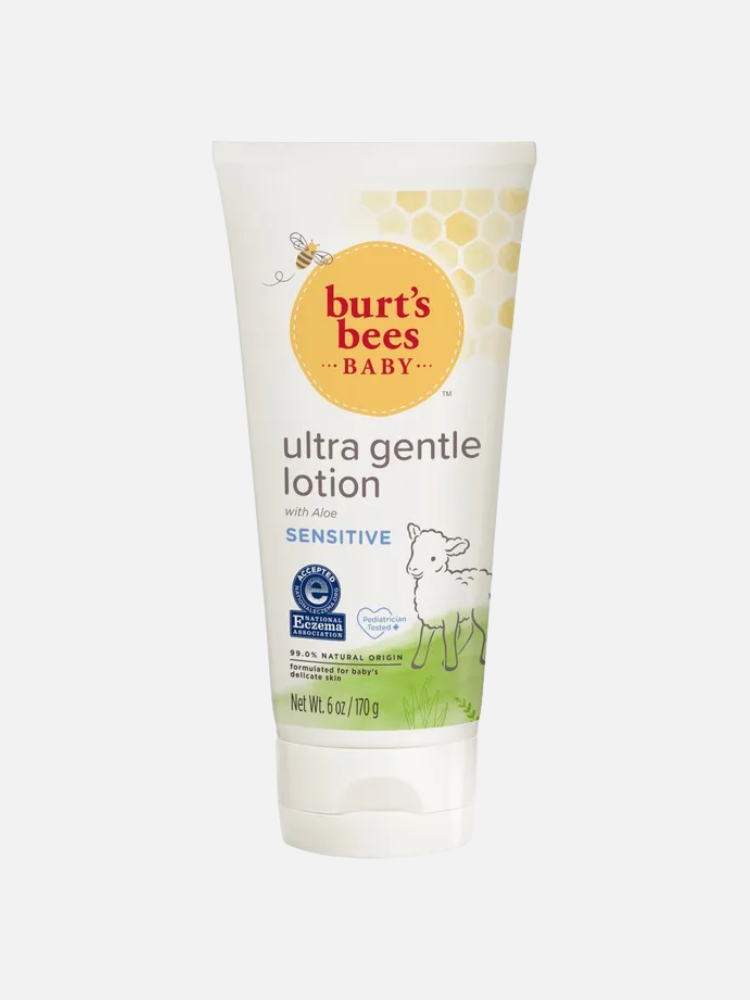 A tube of Burt's Bees Baby Ultra Gentle Lotion with Aloe for sensitive skin, 6 oz size, featuring a lamb illustration and a blue EWG Verified mark.