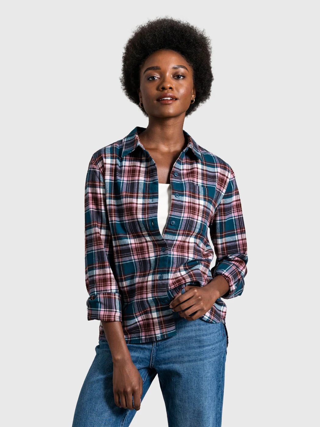 A person wearing a plaid shirt over a white top and jeans stands against a plain background.