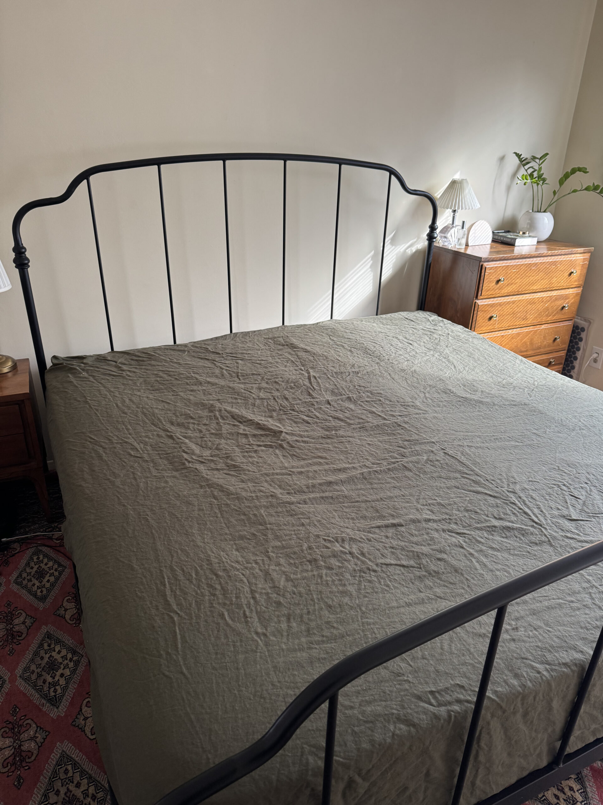 A bedroom with a metal bed frame, green bedspread, wooden dresser, lamp, and plant on top. A rug is on the floor.