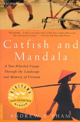 Cover of "Catfish and Mandala" by Andrew X. Pham, featuring a person walking a bicycle. The background is orange with text and award seals displayed.